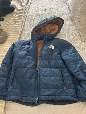 The North Face Blue Puffer Jacket with Brown Sherpa Hood